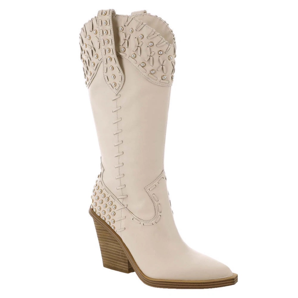 Nwt Jessica Simpson Pearl Studded Heeled Cream Western Cowboy Boots - Eu 35/Us 5